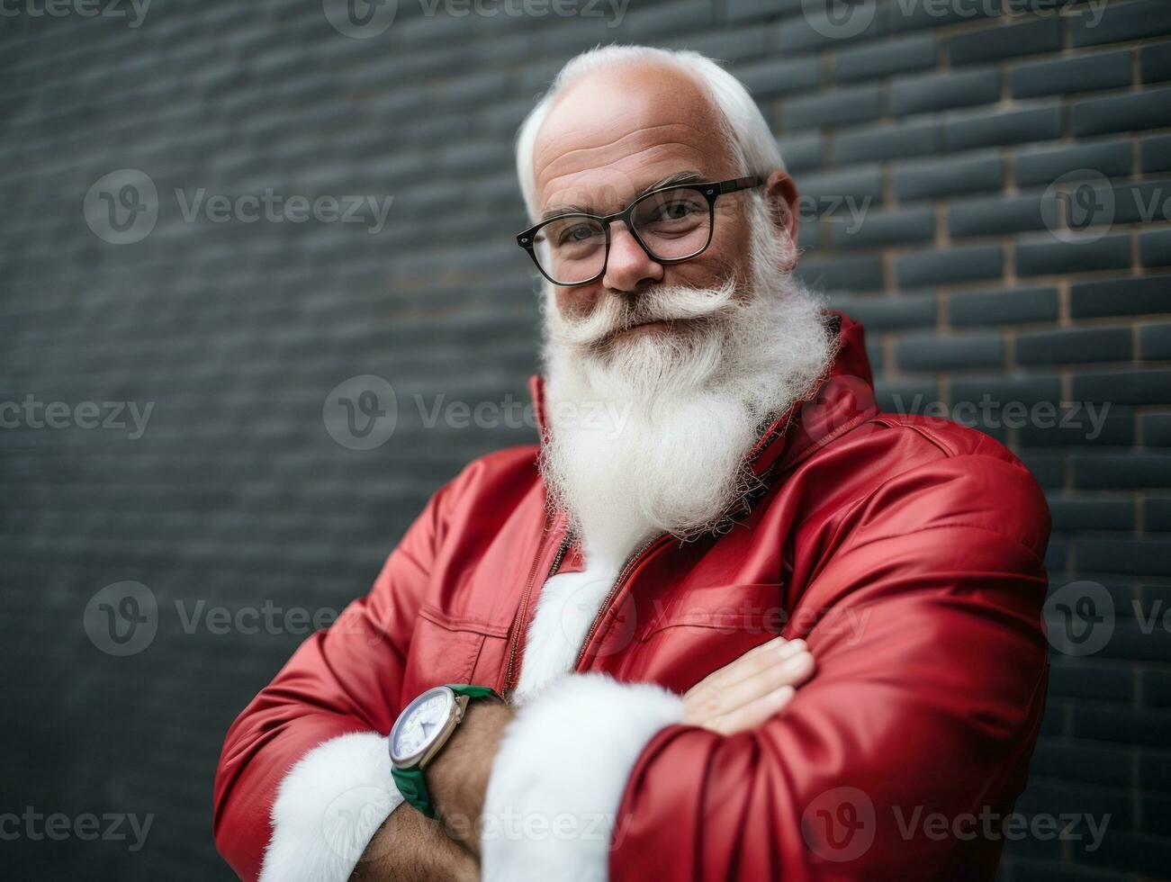 homme habillé comme Père Noël claus dans espiègle pose sur solide Contexte ai génératif photo