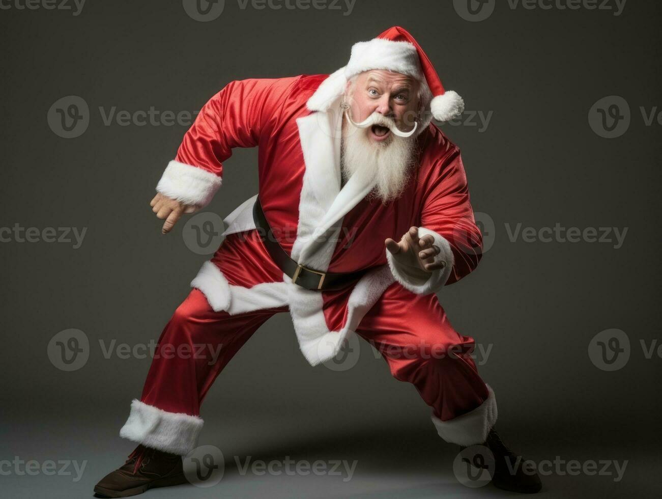 homme habillé comme Père Noël claus dans espiègle pose sur solide Contexte ai génératif photo