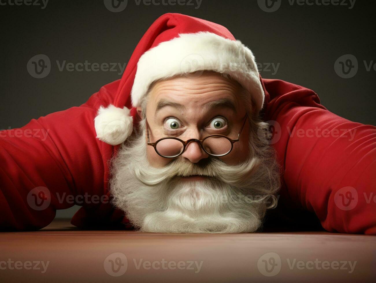 homme habillé comme Père Noël claus dans espiègle pose sur solide Contexte ai génératif photo