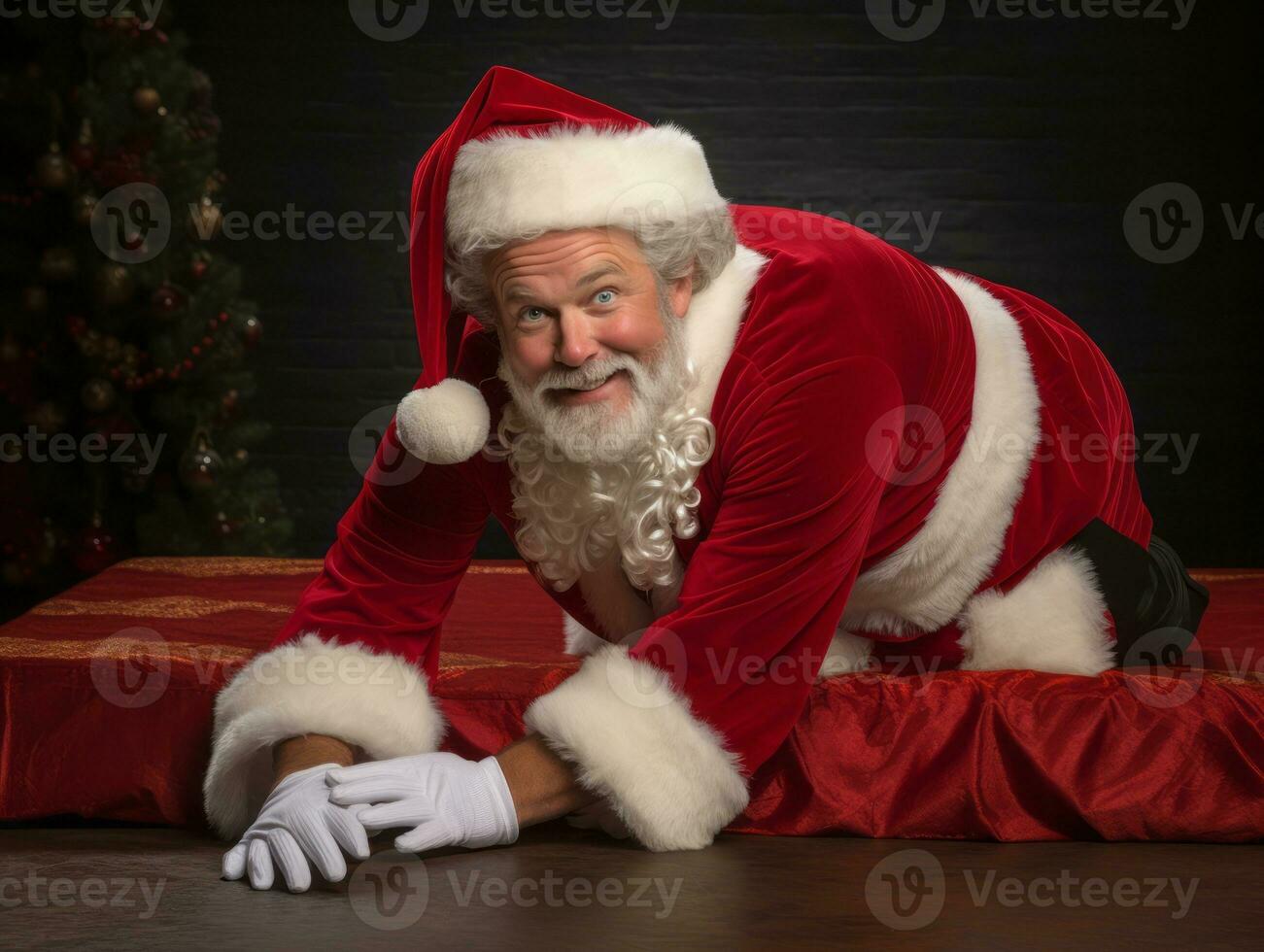 homme habillé comme Père Noël claus dans espiègle pose sur solide Contexte ai génératif photo