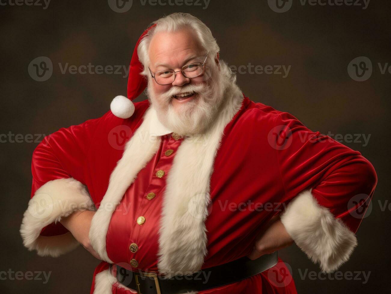 homme habillé comme Père Noël claus dans espiègle pose sur solide Contexte ai génératif photo