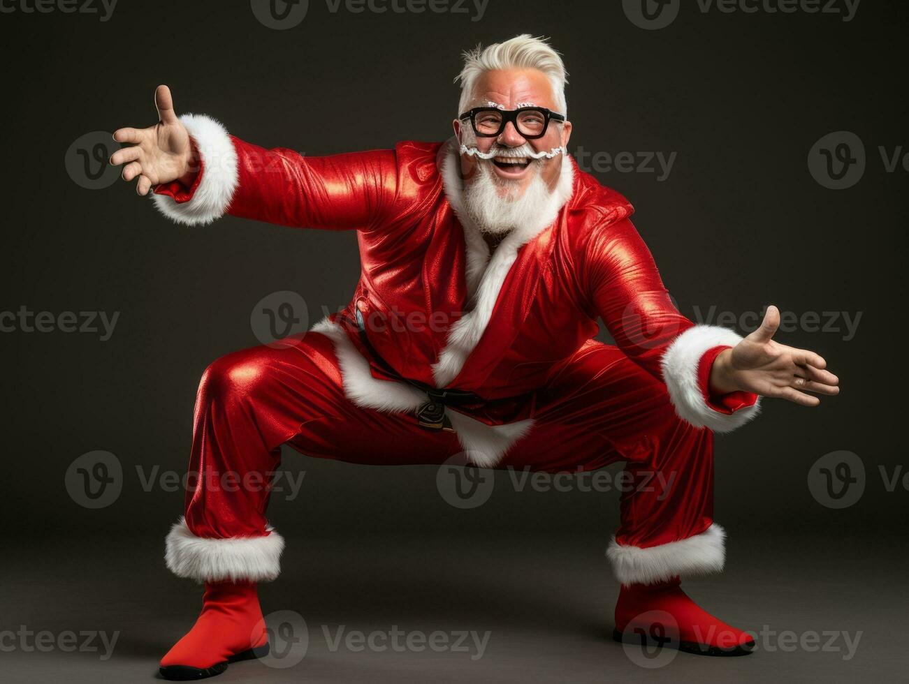 homme habillé comme Père Noël claus dans espiègle pose sur solide Contexte ai génératif photo