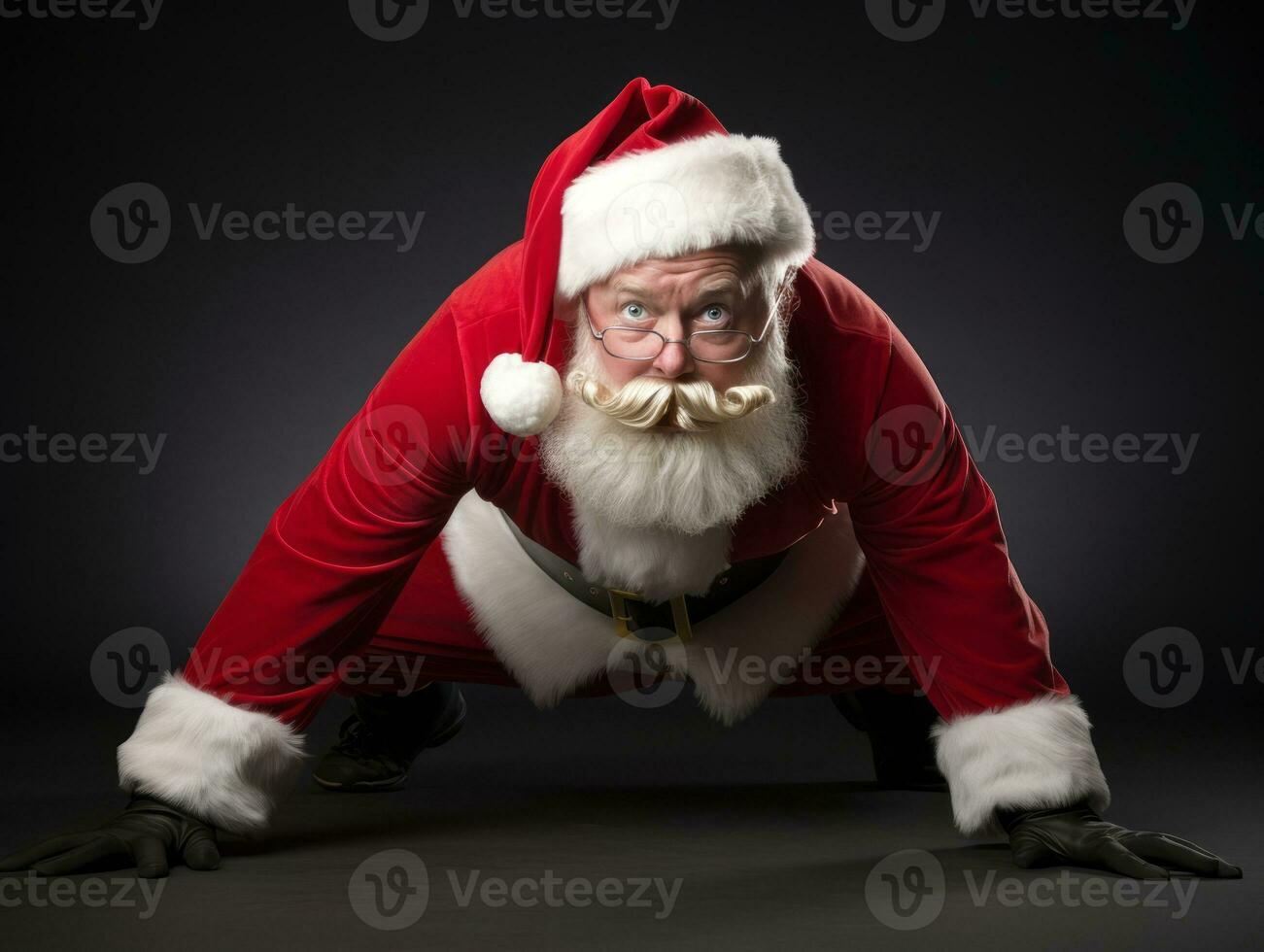 homme habillé comme Père Noël claus dans espiègle pose sur solide Contexte ai génératif photo