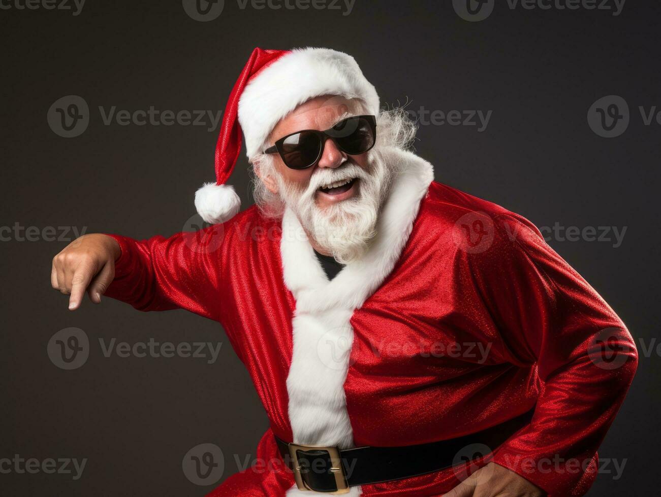 homme habillé comme Père Noël claus dans espiègle pose sur solide Contexte ai génératif photo