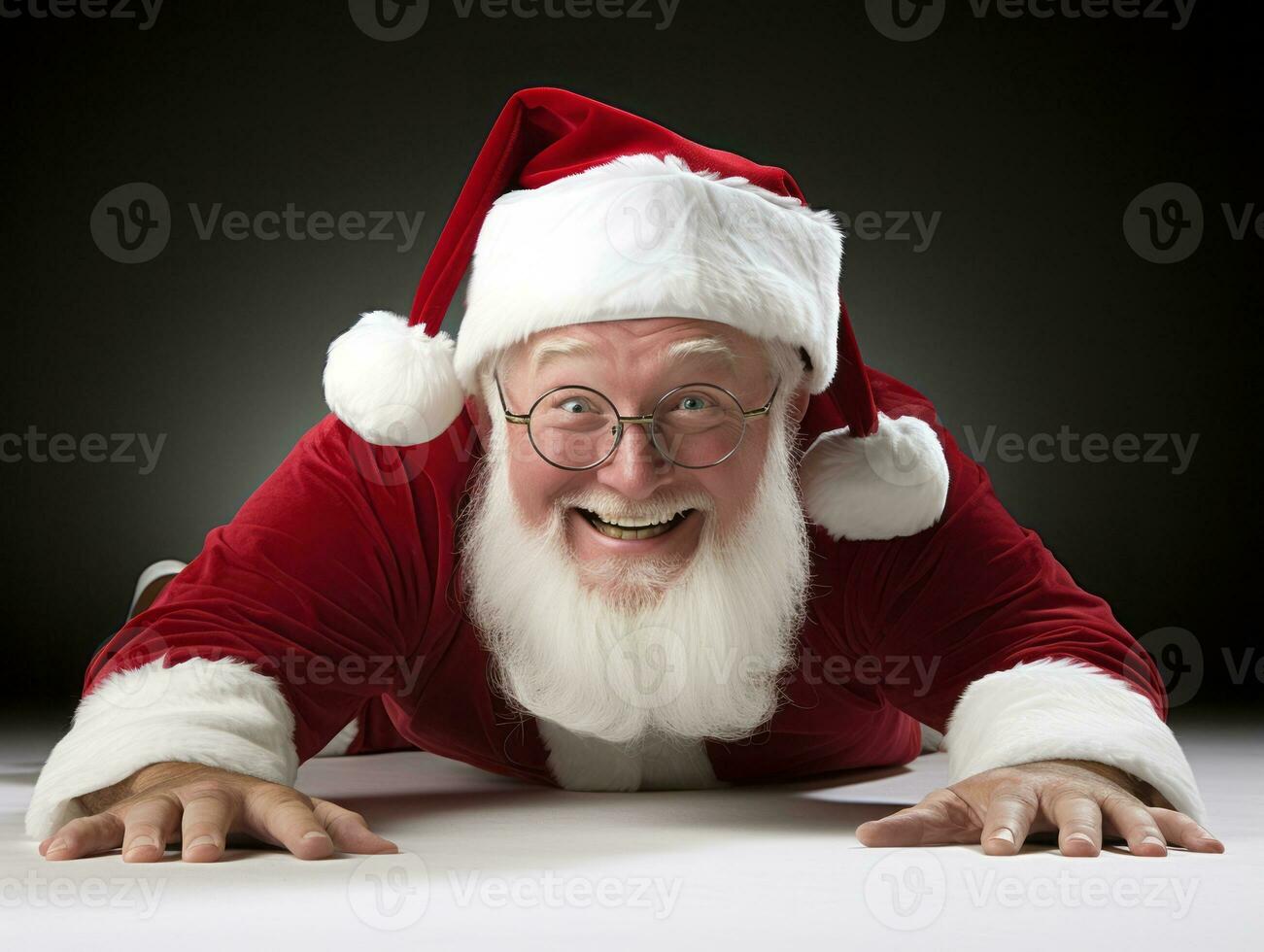 homme habillé comme Père Noël claus dans espiègle pose sur solide Contexte ai génératif photo