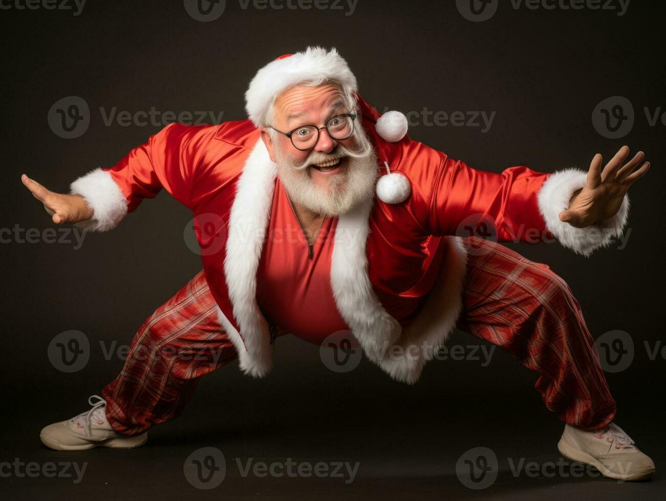 homme habillé comme Père Noël claus dans espiègle pose sur solide Contexte ai génératif photo