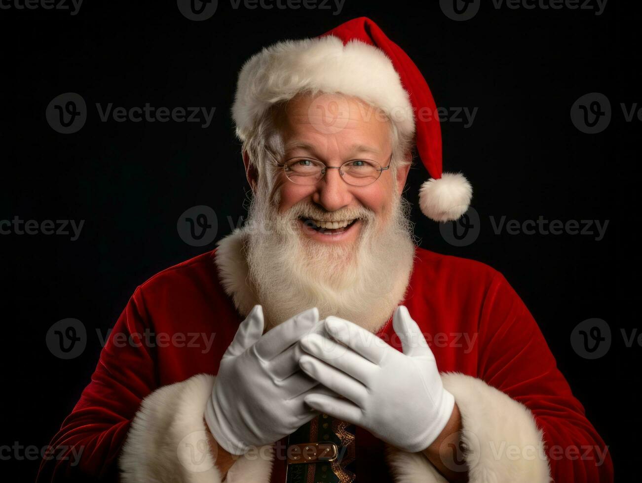 homme habillé comme Père Noël claus dans espiègle pose sur solide Contexte ai génératif photo