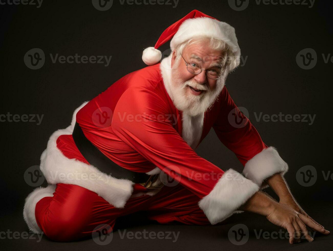 homme habillé comme Père Noël claus dans espiègle pose sur solide Contexte ai génératif photo