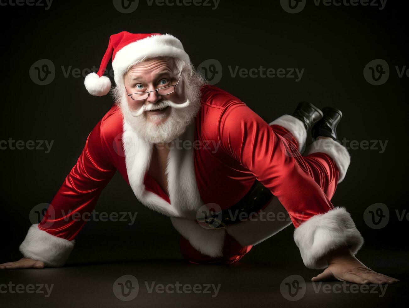 homme habillé comme Père Noël claus dans espiègle pose sur solide Contexte ai génératif photo