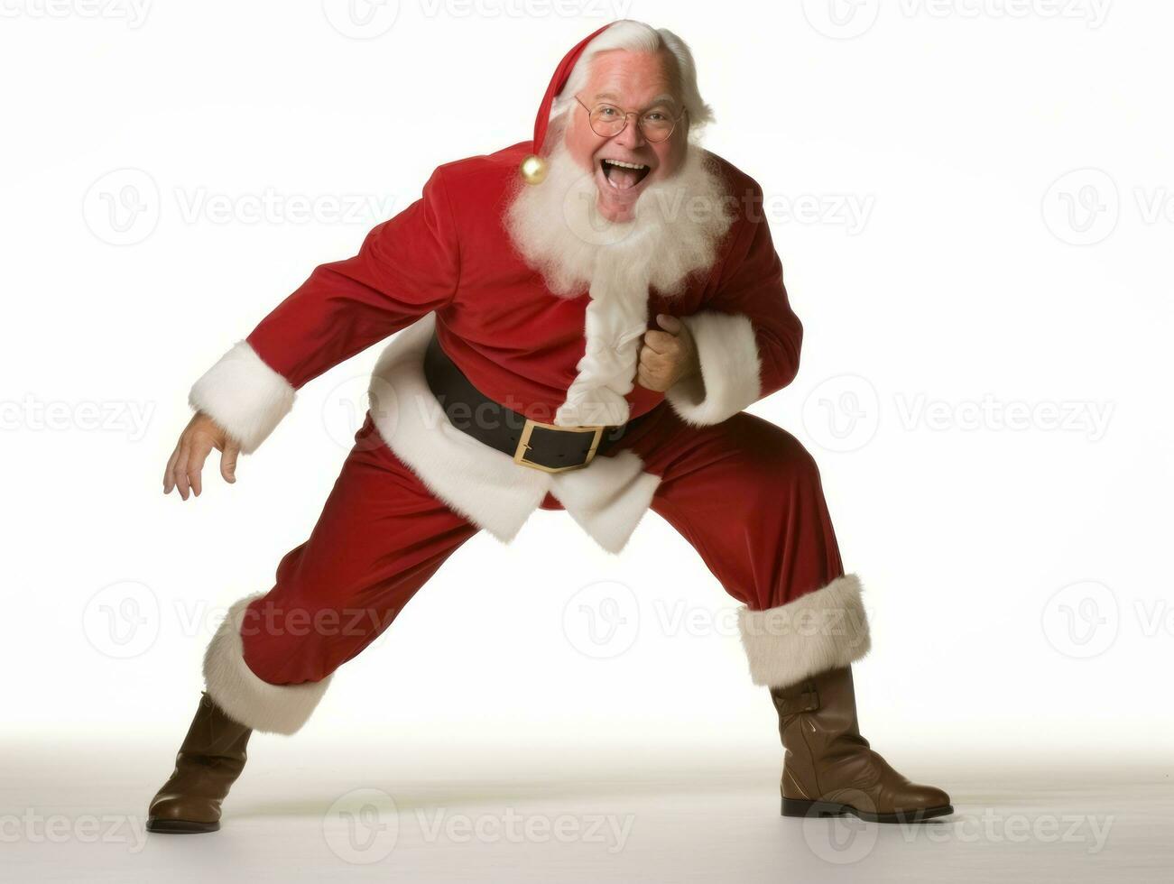 homme habillé comme Père Noël claus dans espiègle pose sur solide Contexte ai génératif photo