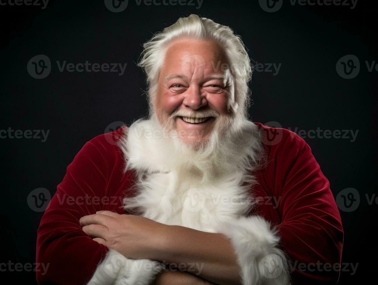 homme habillé comme Père Noël claus dans espiègle pose sur solide Contexte ai génératif photo