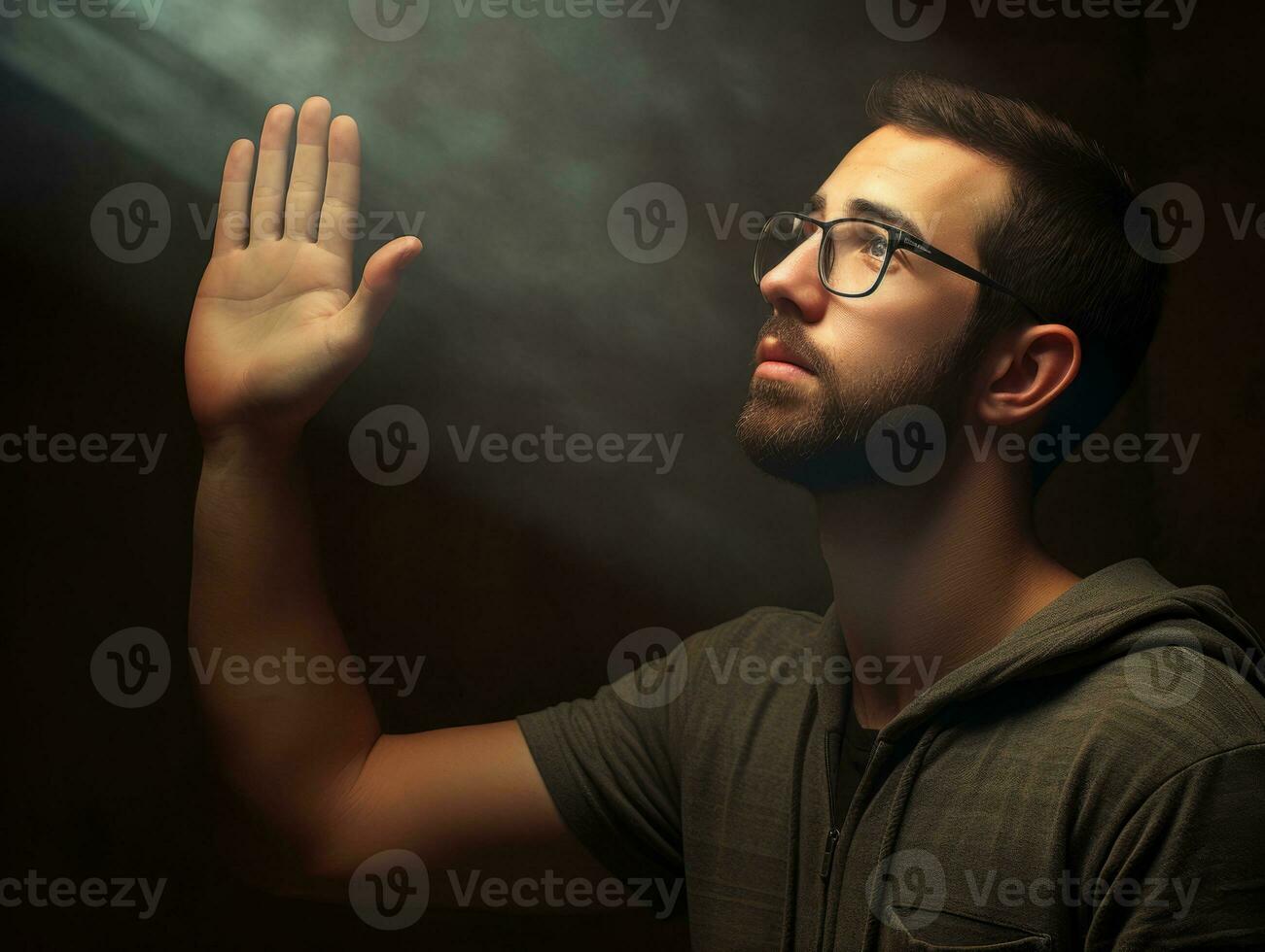 Jeune Beau homme émotif gestes sur solide Contexte ai génératif photo