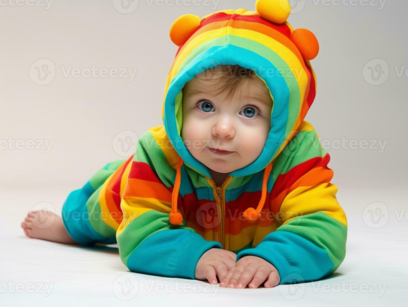 adorable bébé avec vibrant Vêtements dans une espiègle pose ai génératif photo