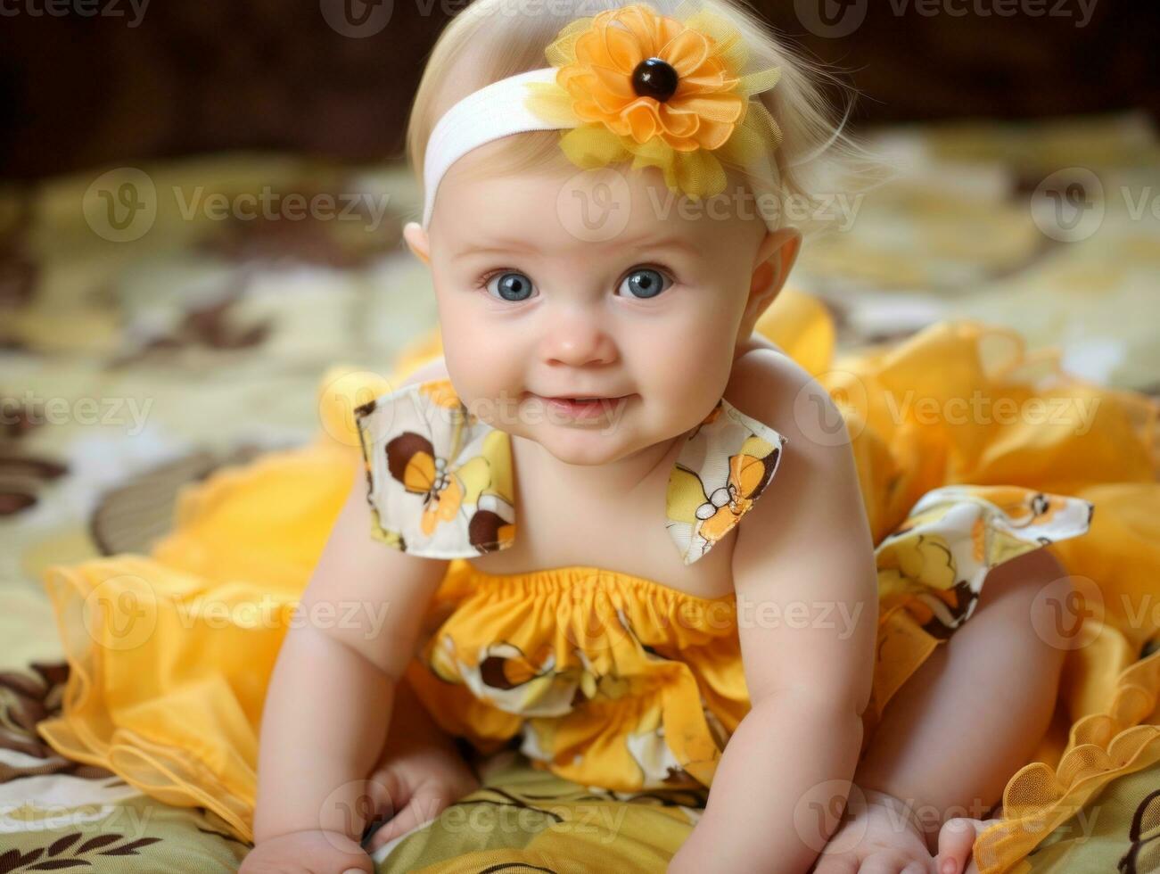 adorable bébé avec vibrant Vêtements dans une espiègle pose ai génératif photo