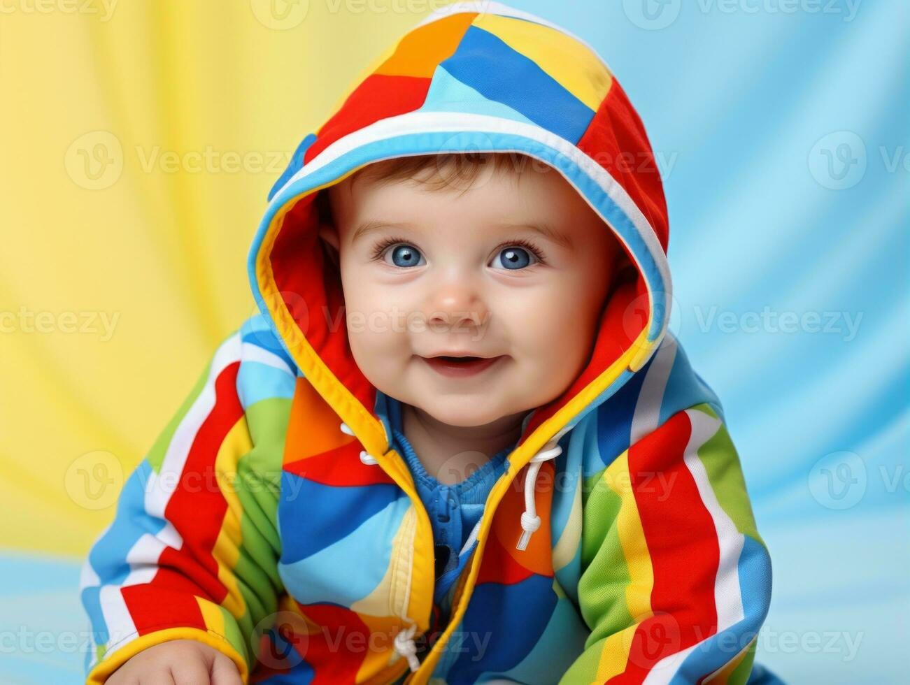 adorable bébé avec vibrant Vêtements dans une espiègle pose ai génératif photo