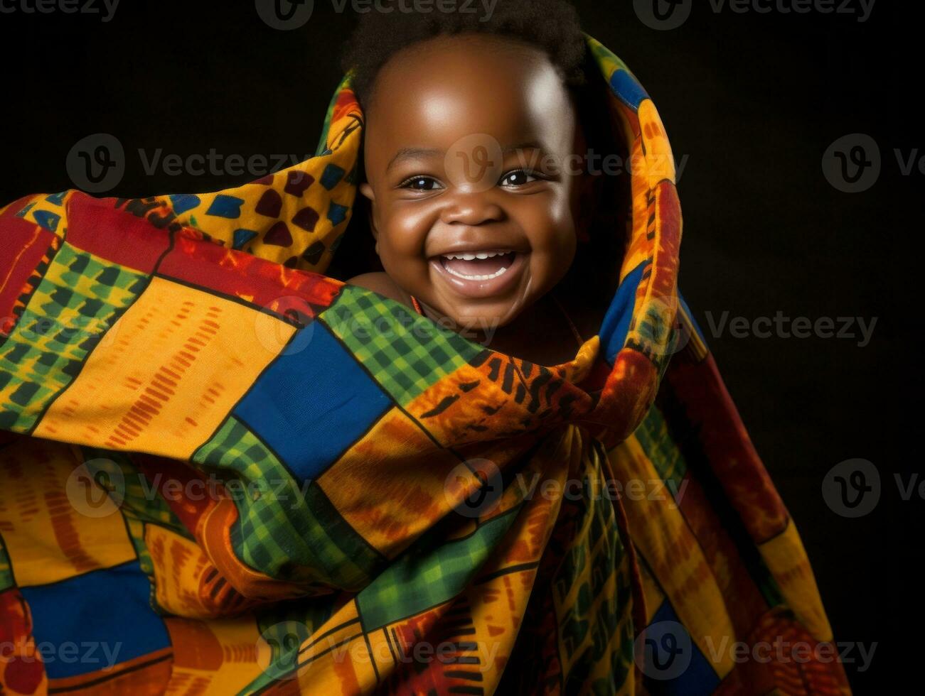 adorable bébé avec vibrant Vêtements dans une espiègle pose ai génératif photo