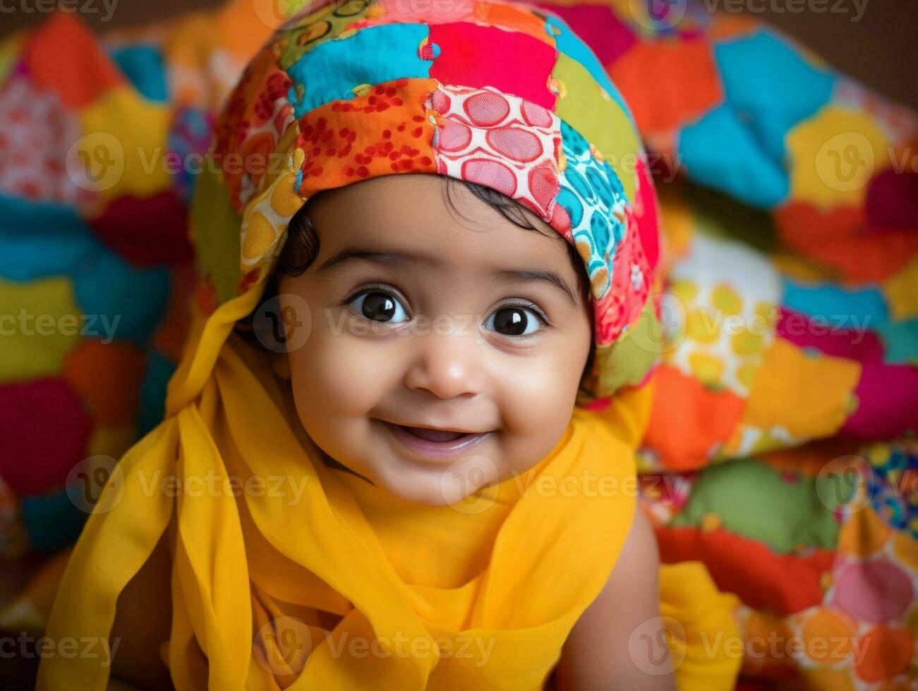 adorable bébé avec vibrant Vêtements dans une espiègle pose ai génératif photo