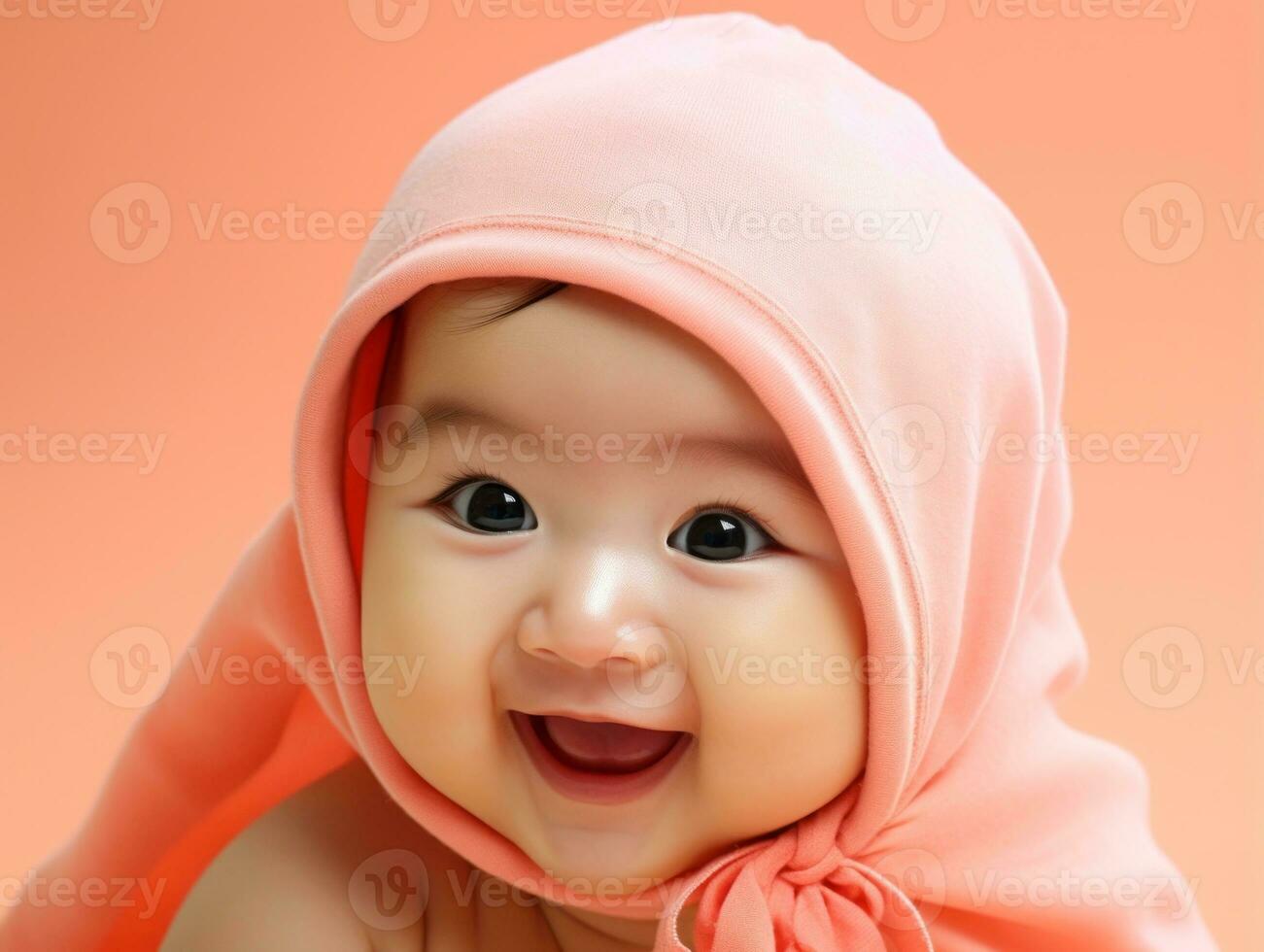 adorable bébé avec vibrant Vêtements dans une espiègle pose ai génératif photo