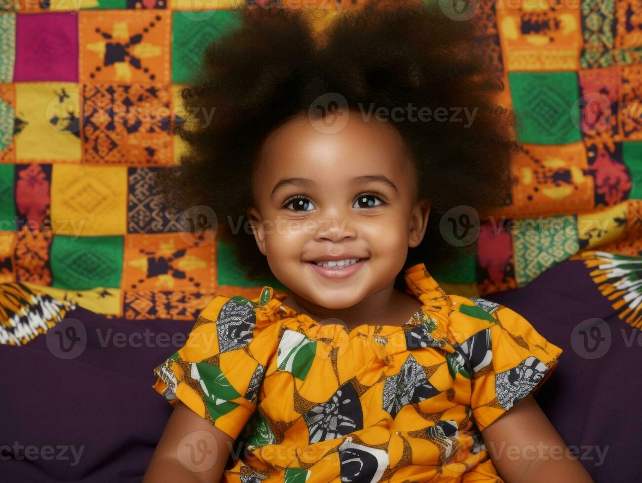 adorable bébé avec vibrant Vêtements dans une espiègle pose ai génératif photo