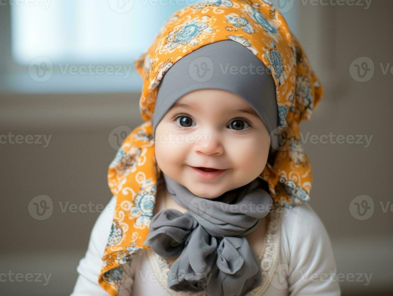 adorable bébé avec vibrant Vêtements dans une espiègle pose ai génératif photo