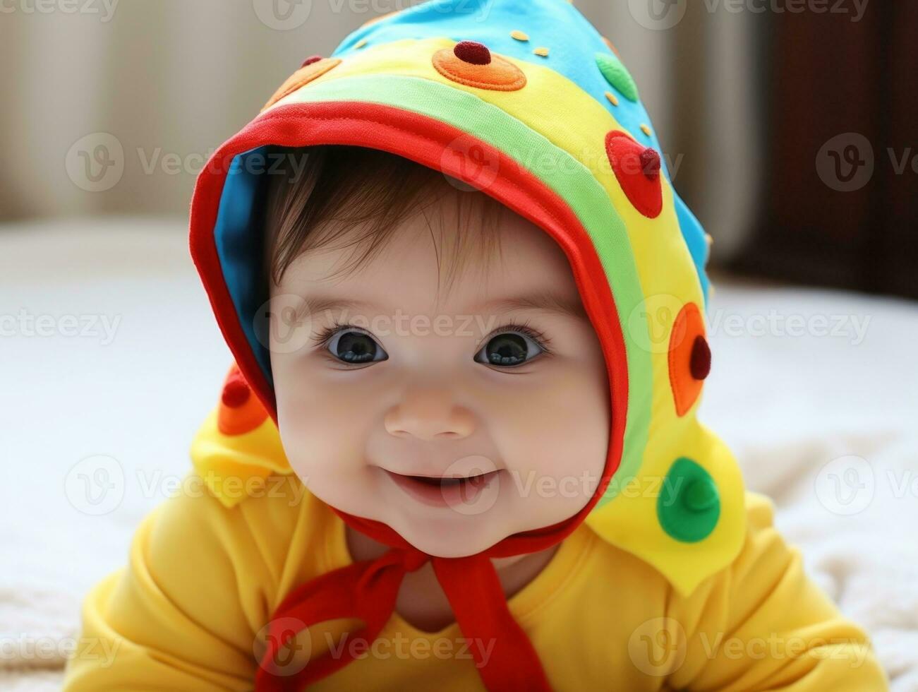 adorable bébé avec vibrant Vêtements dans une espiègle pose ai génératif photo