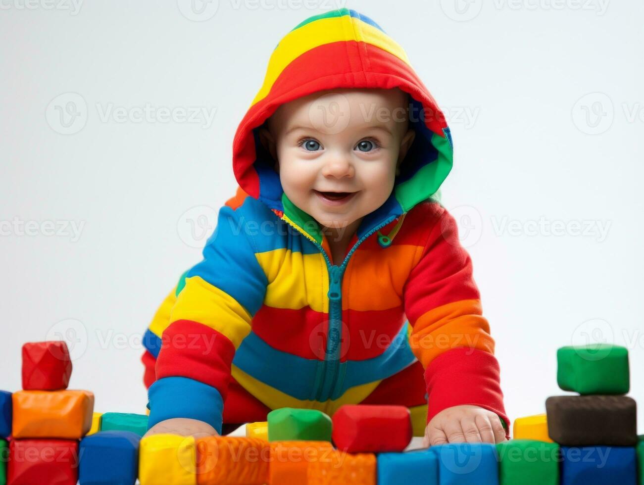 adorable bébé avec vibrant Vêtements dans une espiègle pose ai génératif photo