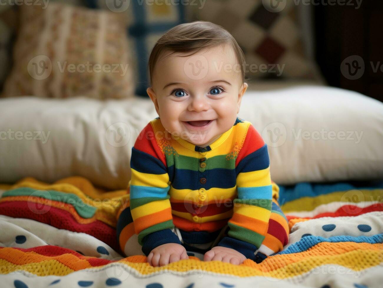 adorable bébé avec vibrant Vêtements dans une espiègle pose ai génératif photo