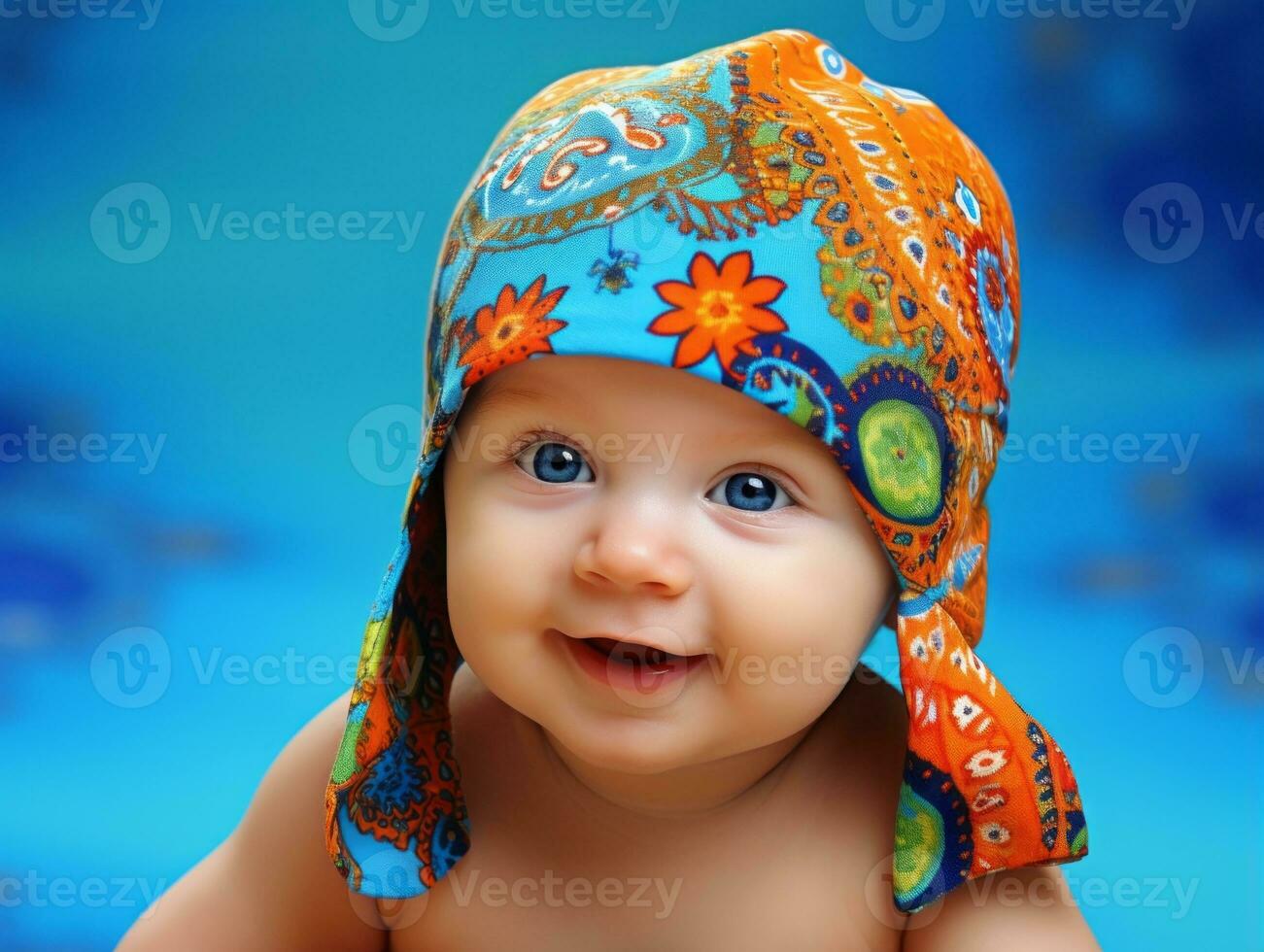 adorable bébé avec vibrant Vêtements dans une espiègle pose ai génératif photo