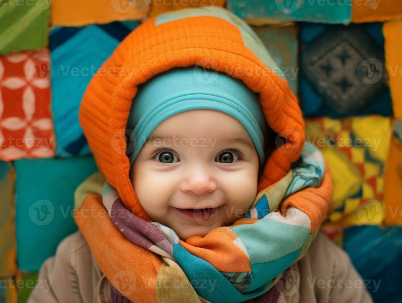 adorable bébé avec vibrant Vêtements dans une espiègle pose ai génératif photo