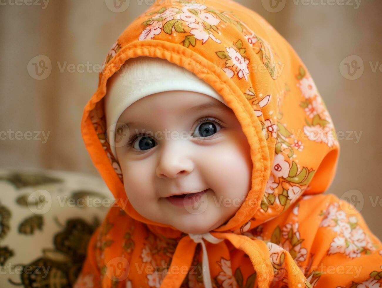 adorable bébé avec vibrant Vêtements dans une espiègle pose ai génératif photo