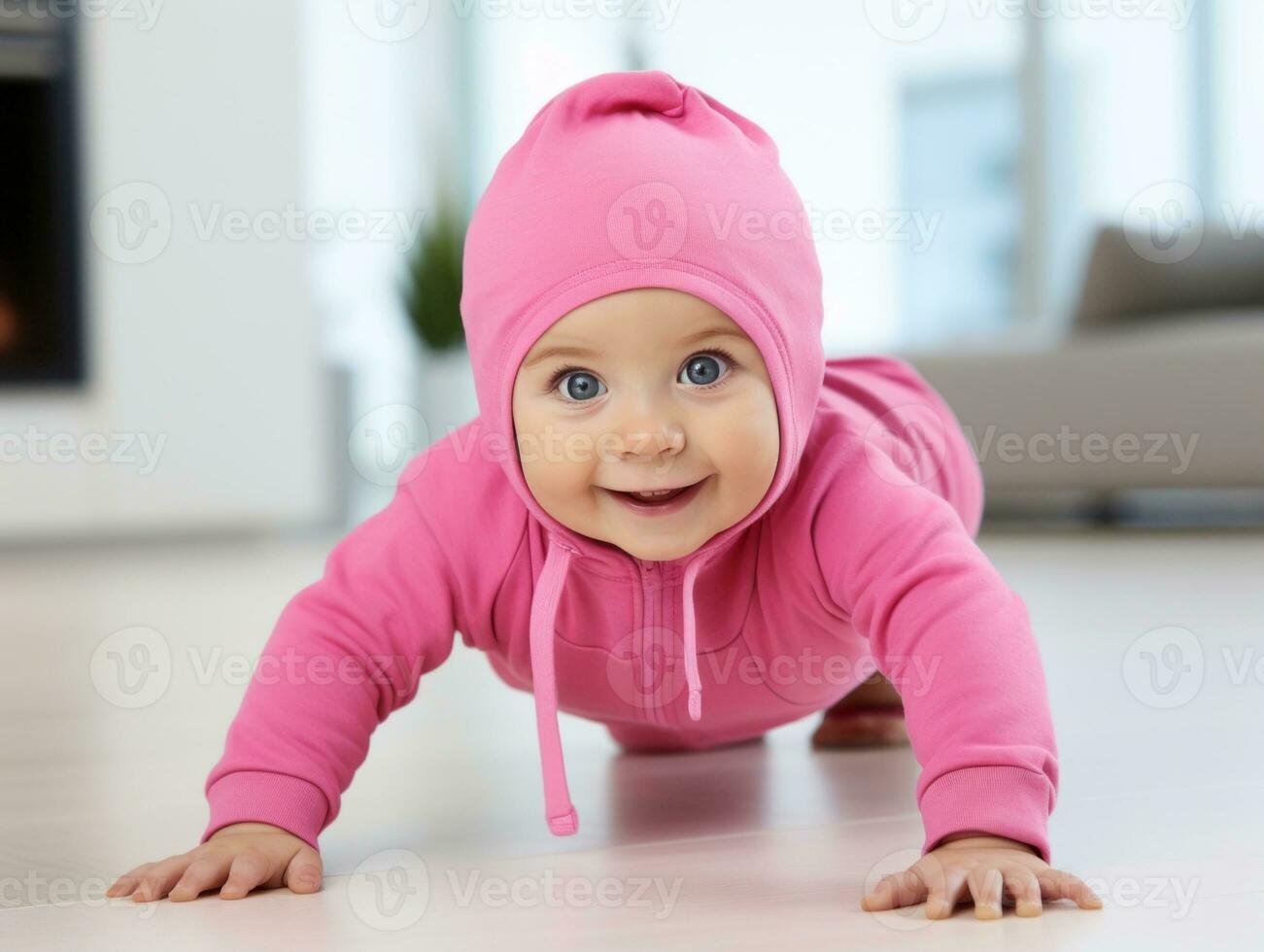 adorable bébé avec vibrant Vêtements dans une espiègle pose ai génératif photo