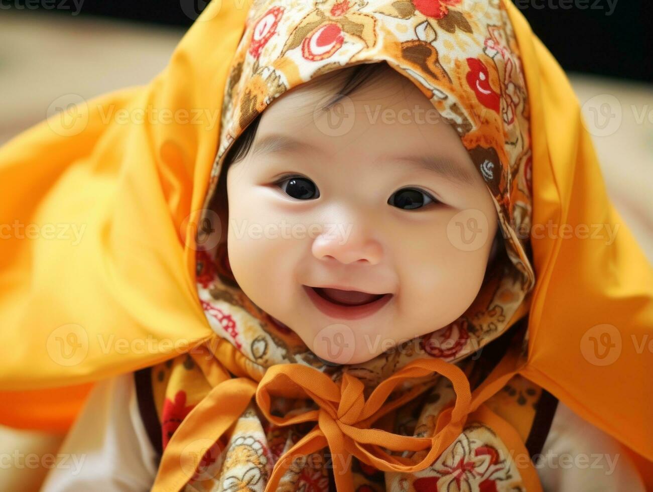 adorable bébé avec vibrant Vêtements dans une espiègle pose ai génératif photo