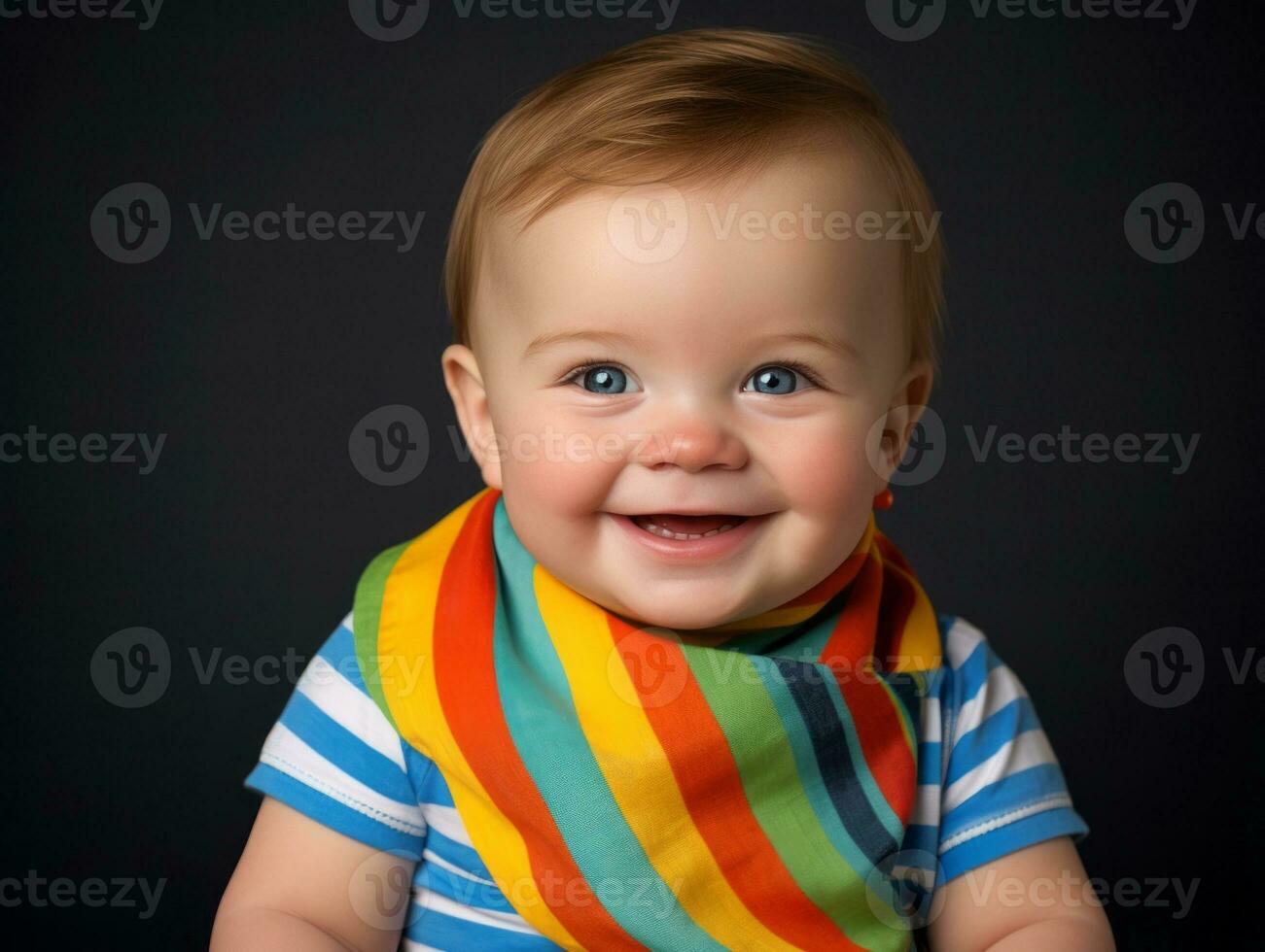 adorable bébé avec vibrant Vêtements dans une espiègle pose ai génératif photo