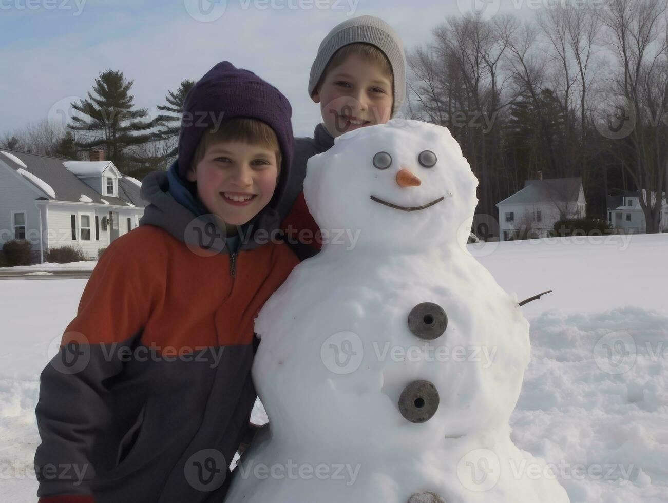 des gamins bâtiment une bonhomme de neige dans hiver journée ai génératif photo