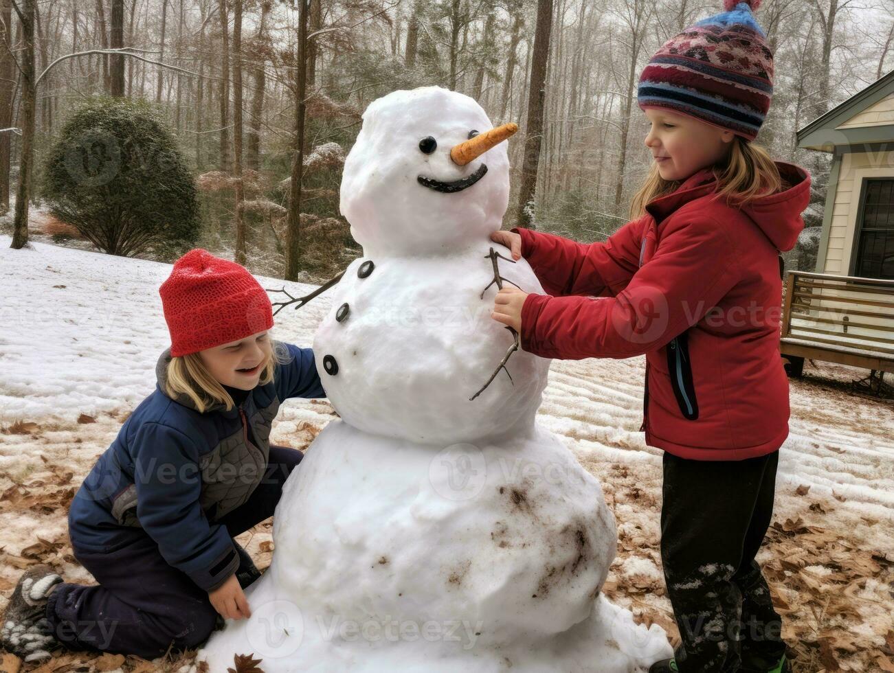 des gamins bâtiment une bonhomme de neige dans hiver journée ai génératif photo