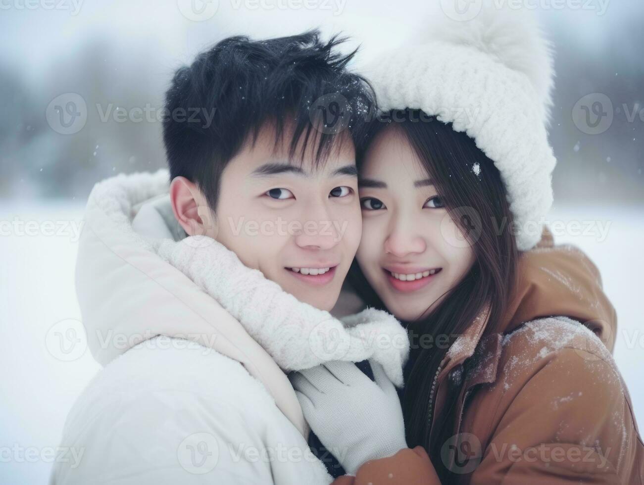 aimant asiatique couple est profiter une romantique hiver journée ai génératif photo