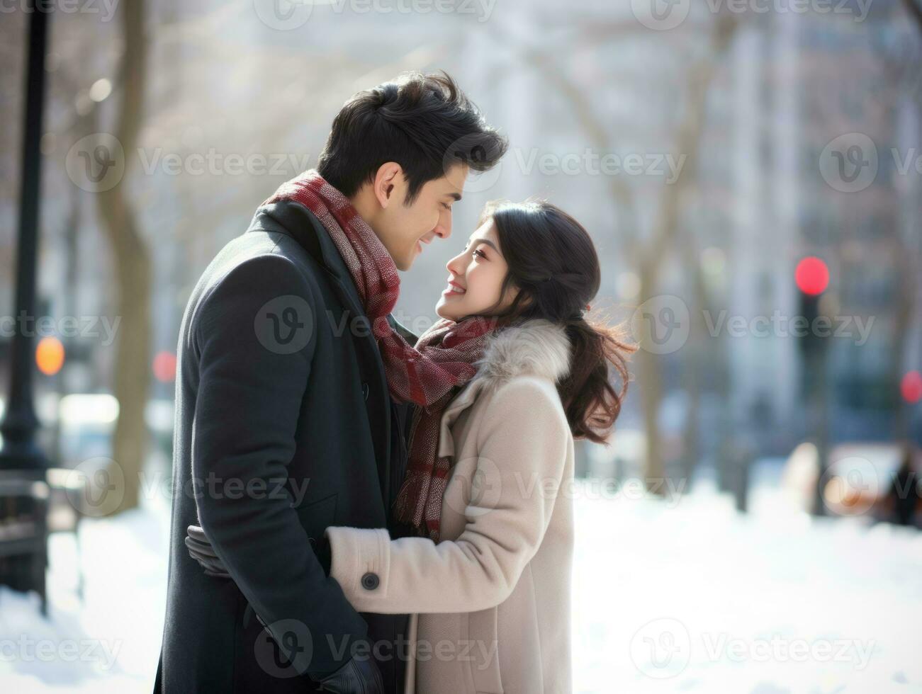 aimant asiatique couple est profiter une romantique hiver journée ai génératif photo