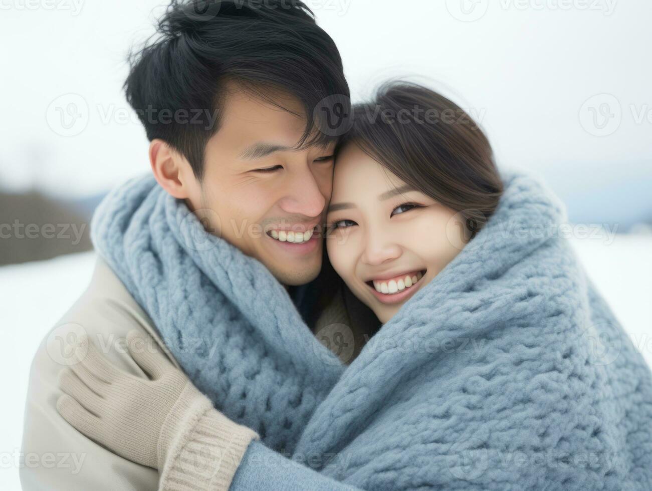 aimant asiatique couple est profiter une romantique hiver journée ai génératif photo