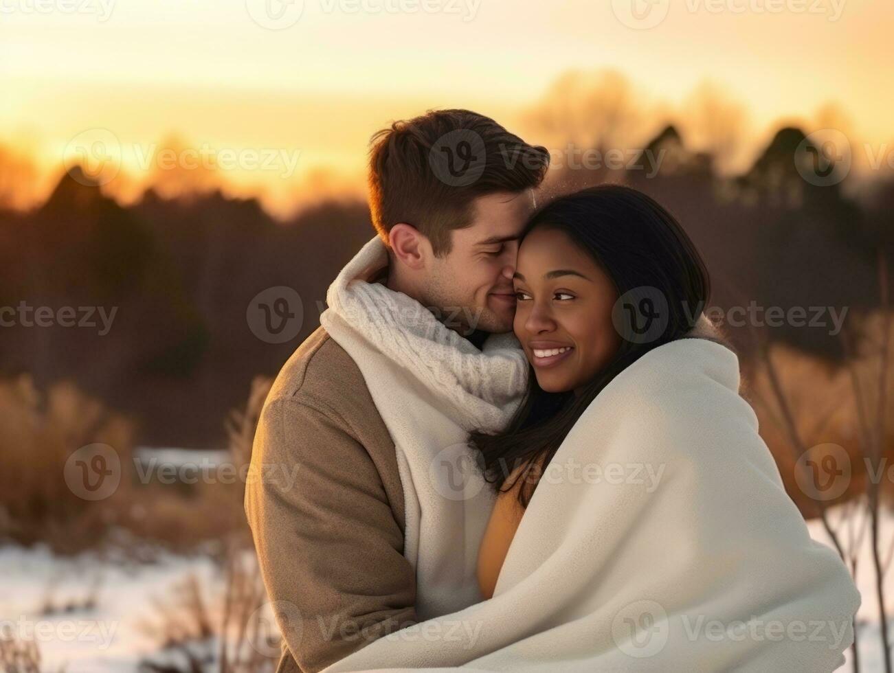 aimant interracial couple est profiter une romantique hiver journée ai génératif photo