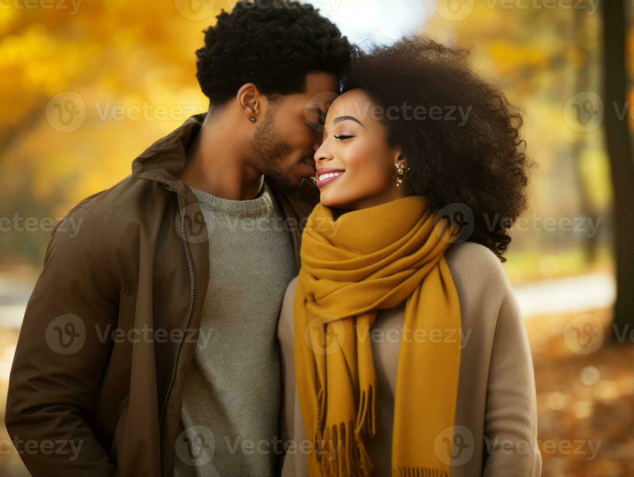 aimant africain américain couple est profiter une romantique l'automne journée ai génératif photo