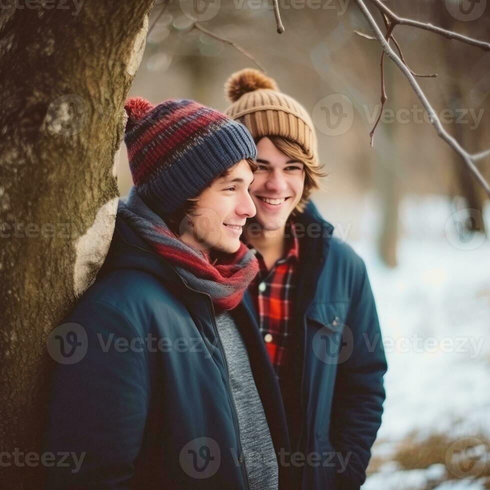 aimant homosexuel couple est profiter une romantique hiver journée ai génératif photo