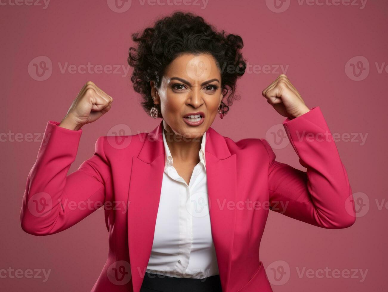 40 année vieux mexicain femme dans émotif dynamique pose sur solide Contexte ai génératif photo