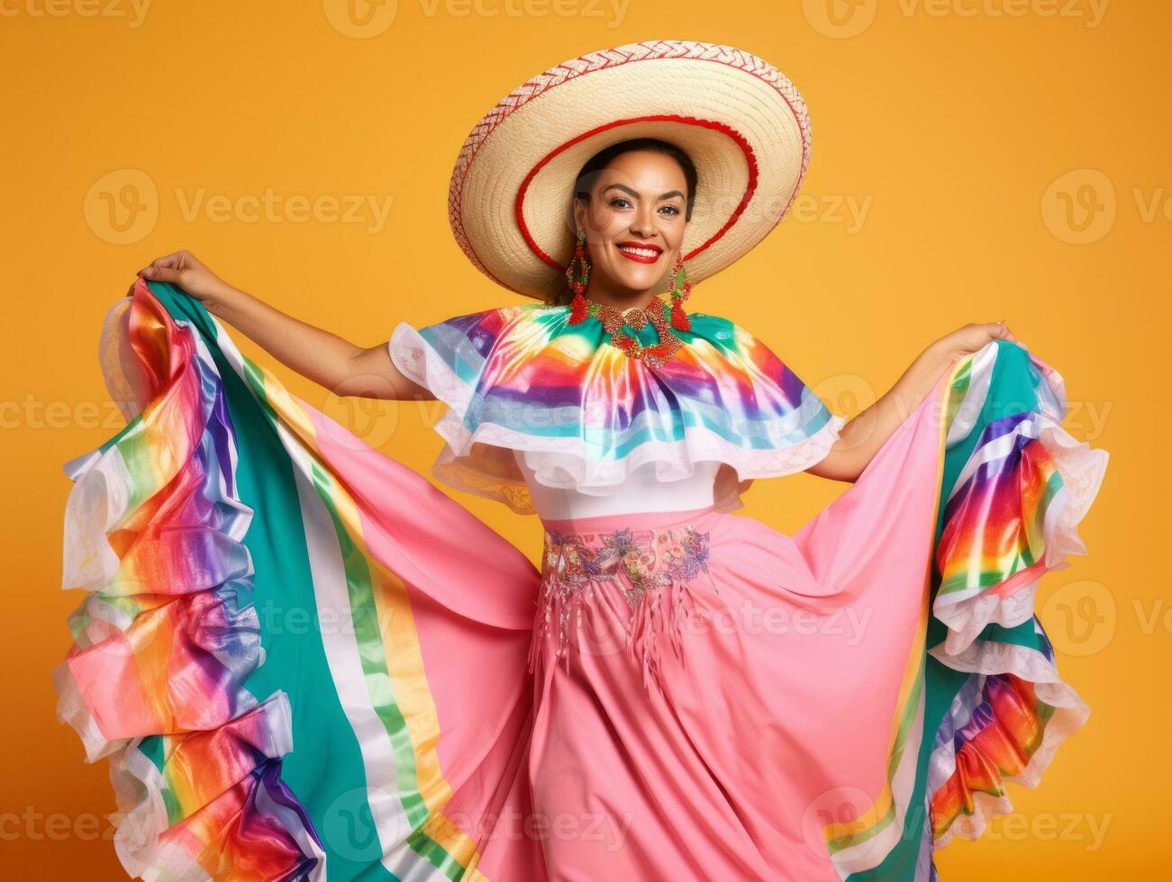 40 année vieux mexicain femme dans émotif dynamique pose sur solide Contexte ai génératif photo