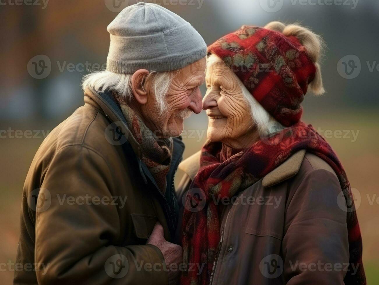 aimant vieux couple est profiter une romantique l'automne journée ai génératif photo