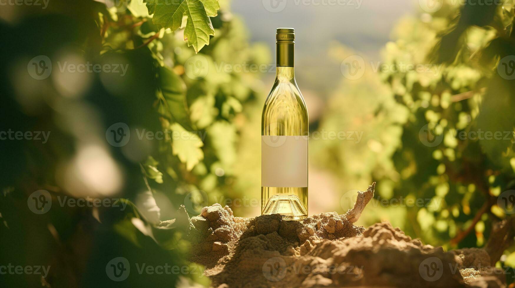 génératif ai, blanc du vin bouteille moquer en haut sur vineyrad paysage dans le soleil, chape espace et endroit pour logo photo