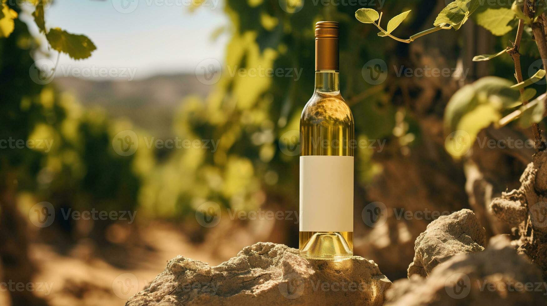 génératif ai, blanc du vin bouteille moquer en haut sur vineyrad paysage dans le soleil, chape espace et endroit pour logo photo