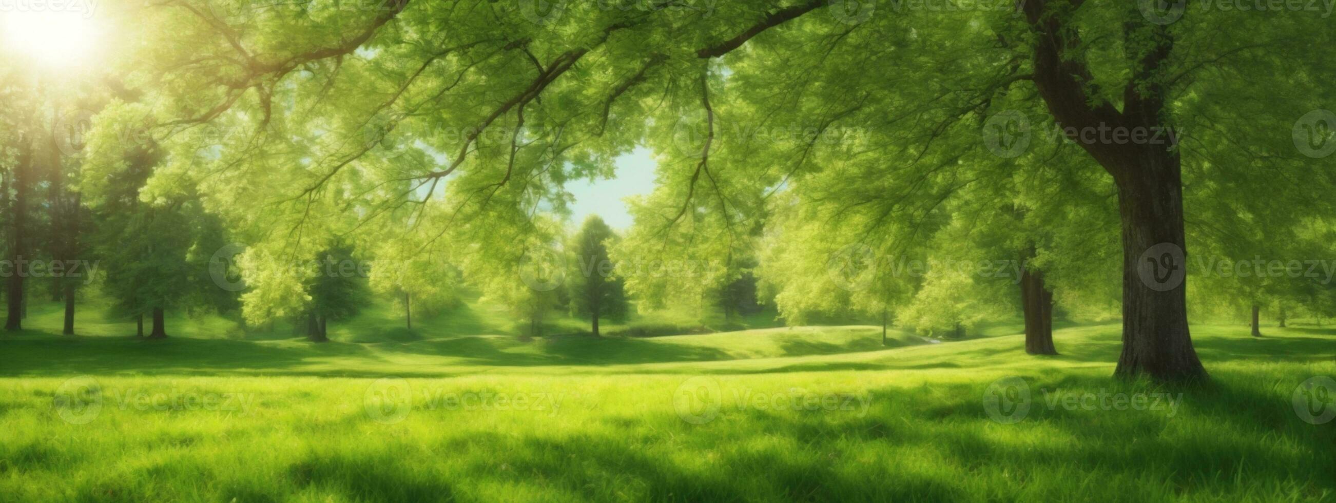 printemps la nature. magnifique paysage. vert herbe et des arbres. ai généré photo