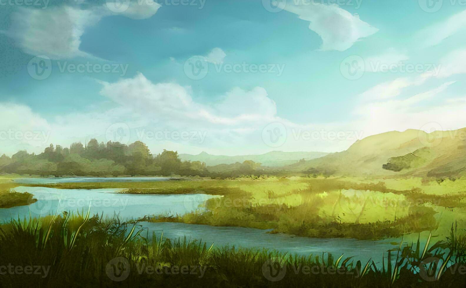 paysage avec Lac et des nuages, ai génératif photo