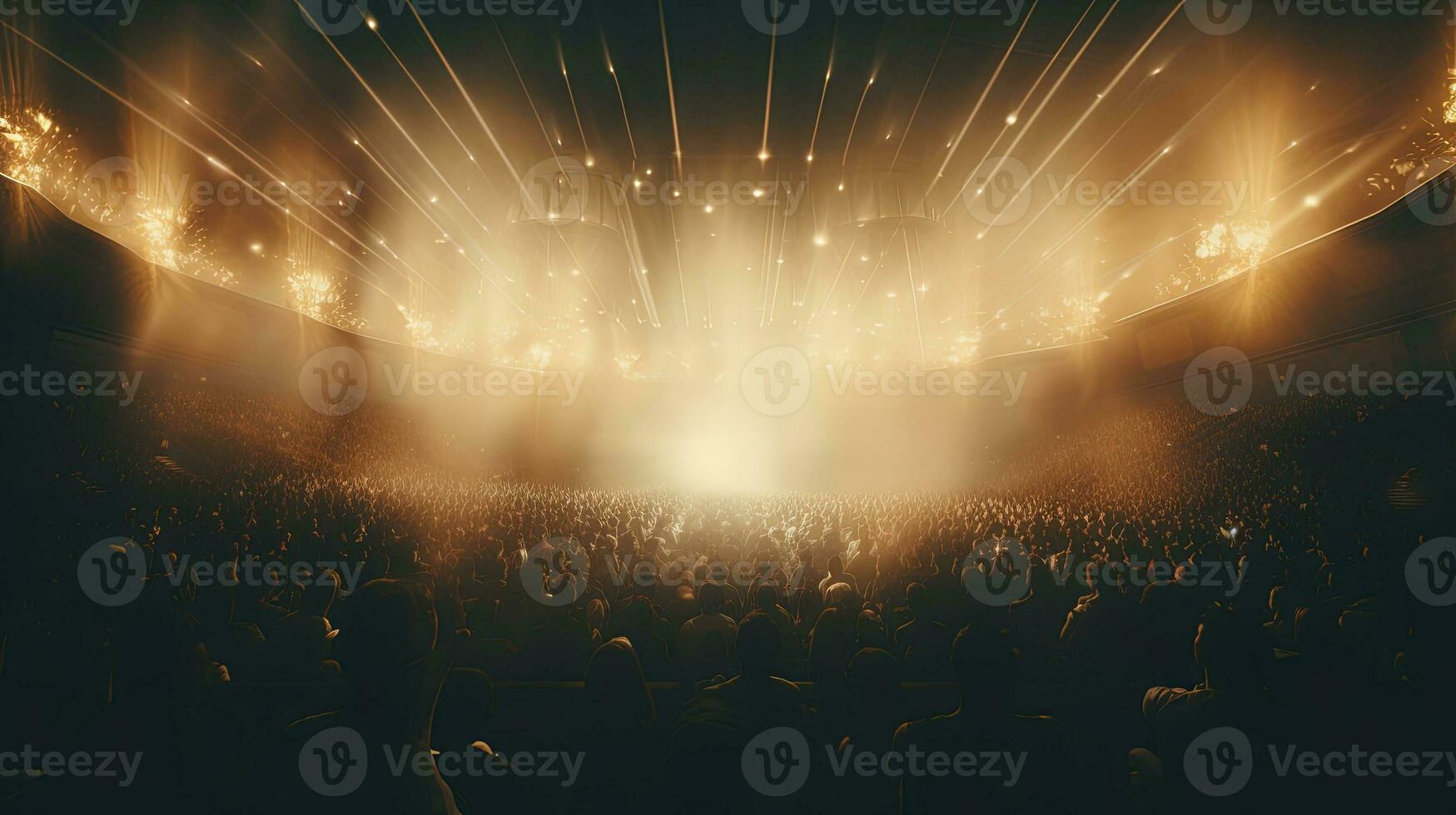 génératif ai, gens foule sur la musique Roche Festival concert dans stade, gros étape allumé par projecteurs. photo