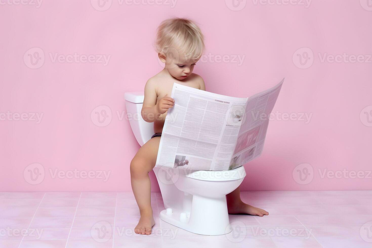 enfant en train de lire journal et toilette photo